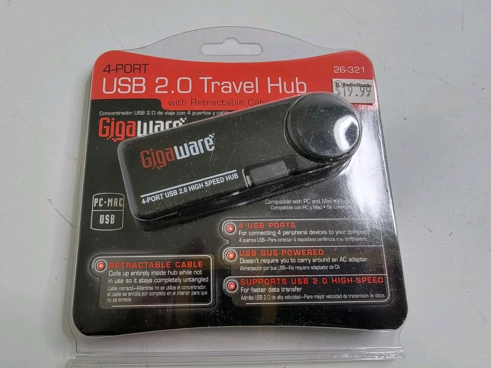 USB 2.0 Travel Hub 4-Port Gigaware USB Plug Old Stock RadioShack Equipment - Image 1 of 4