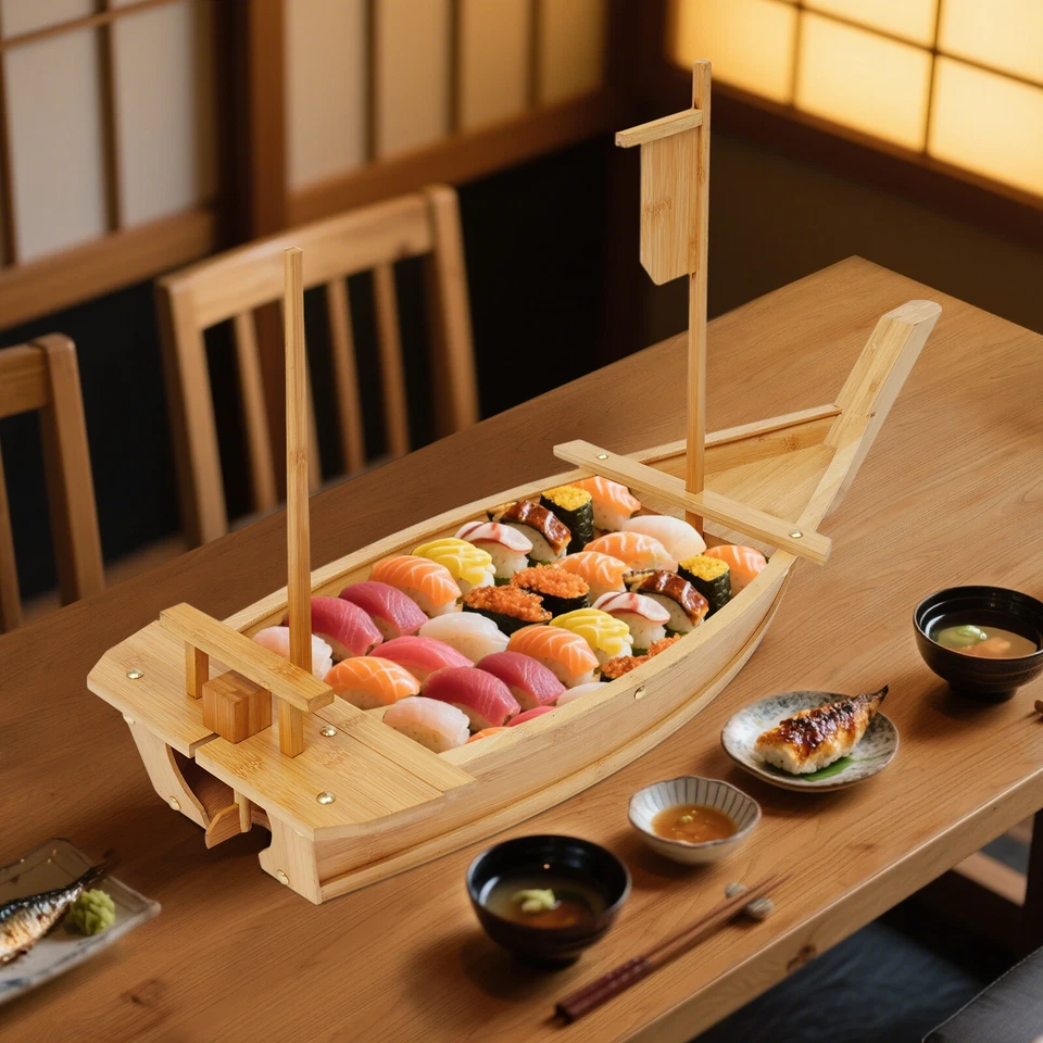 31.5 in Large Size Boat-shaped Sushi Serving Tray Bamboo Sushi Boat Serving Tray - Image 1 of 4