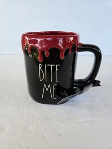 RAE DUNN HALLOWEEN COFFEE MUG BLACK W/ DRIPPING BLOOD RIM "BITE ME" (NWT) - Picture 1 of 4