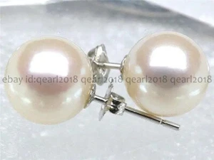 Perfect Round Real Natural White South Sea Pearl Stud Earrings 14K White Gold - Picture 1 of 10