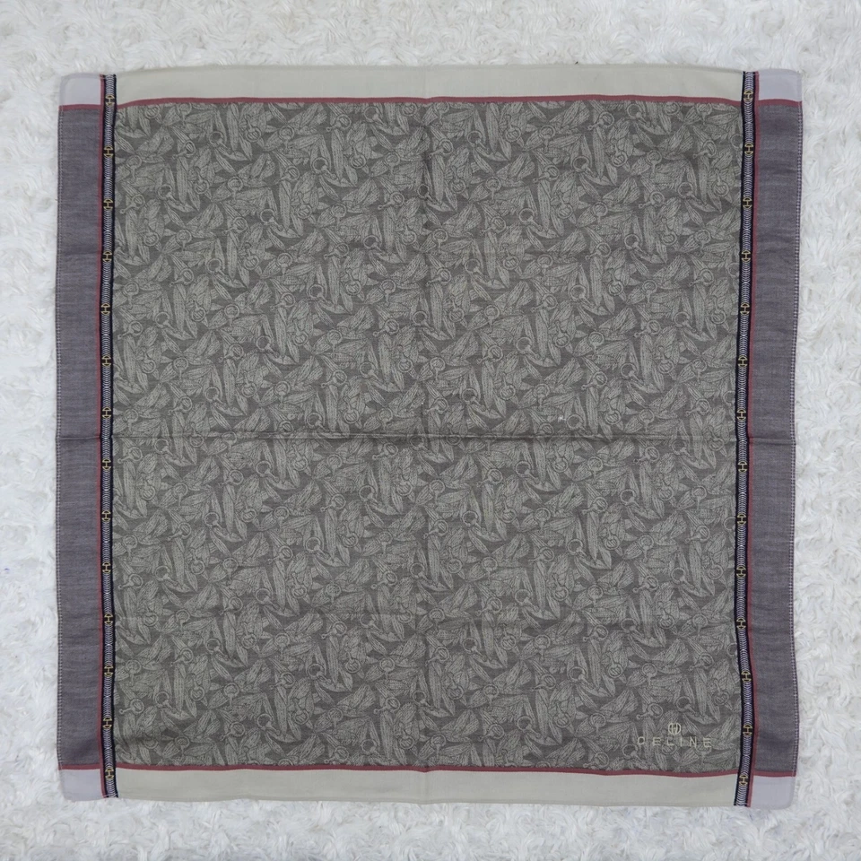 N877 CELINE Jacquard Flower Gray Cotton Scarf Scarves Pocket Square 19" X 19" - Image 1 of 4
