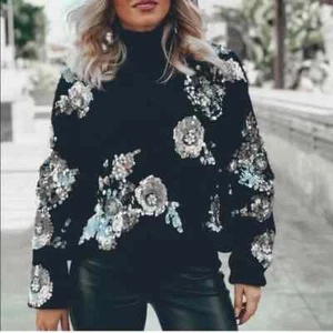 Zara Black Floral Sequin Sweater - Picture 1 of 5