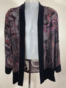 Chicos Kimono Jacket Women XL Size 3 Burnout Rayon Silk Velvet Black Semi Sheer - Picture 1 of 7