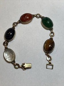 VTG. SIGNED SYMMETALIC STERLING 14KGF CARVED EGYPTIAN CARVED GEMSTONES BRACELET - Picture 1 of 13
