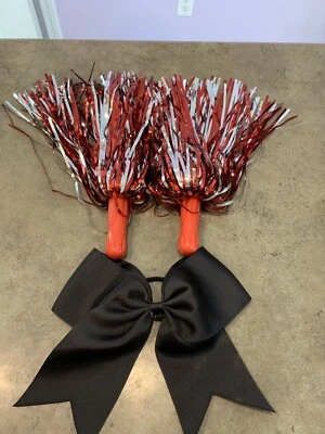 Cheerleader Pom-Poms (Pair) Kids Toy Costume Red & Silver And Black Bow - Image 1 of 4