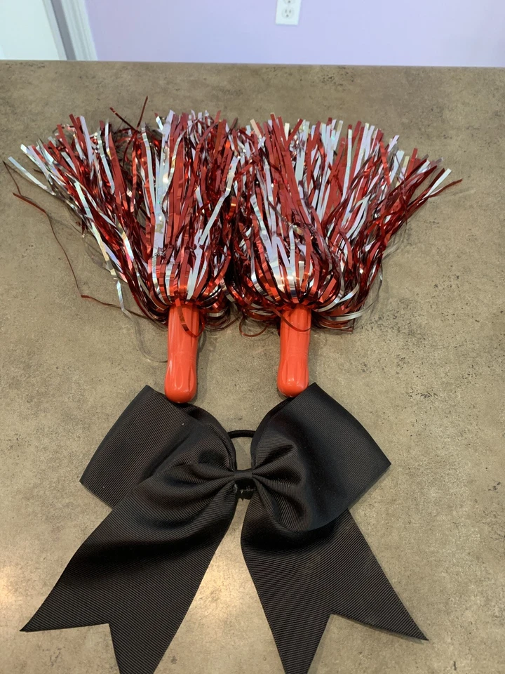 Cheerleader Pom-Poms (Pair) Kids Toy Costume Red & Silver And Black Bow - Image 1 of 4