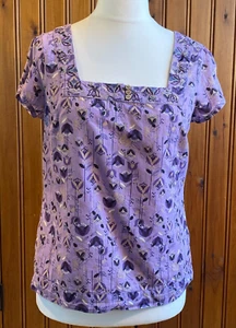 MANTARAY Ladies Purple Grey Floral Cotton Blouse Top Short Sleeve Size 12 - Picture 1 of 9