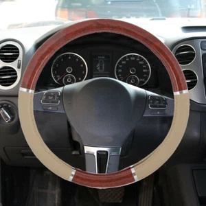 Wood Grain Steering Wheel Cover Accessories For Car Good Grip Beige Syn Leather - Picture 1 of 9
