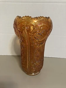 10" Imperial Marigold Carnival Glass Vase -Scroll and Flower Panels - Picture 1 of 13