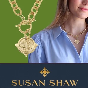 Susan Shaw Gold Bee Intaglio Front Toggle Necklace 24kt TGP - Picture 1 of 13