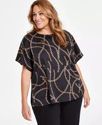Anne Klein Plus Size Chain-Print Dolman-Sleeve Top Women's 1X Anne Black Multi - Image 1 of 4