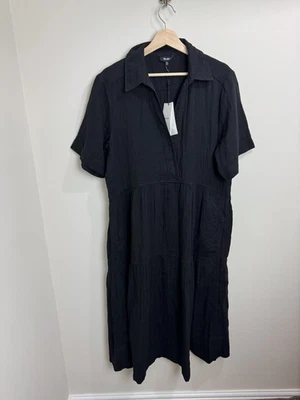 Me+Em Cheesecloth Tiered Midi Dress UK 12 Black Cotton Collared Pockets Minimal - Image 1 of 4