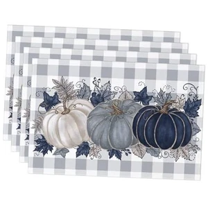 Herbst Thanksgiving Tischsets 4er Set, Büffel kariert blau Vintage Kürbis Ahorn  - Bild 1 von 8