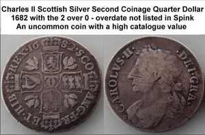 1/4 dólar de plata escocés Carlos II de 1682 sobre 1680 - Sir John Falconer (F435) - Imagen 1 de 1