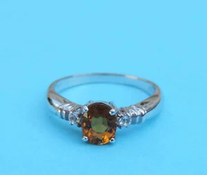 Ladies Genuine Oval Citrine Solitaire Ring w/ 2 Zircon Accents - 14K White Gold - Picture 1 of 4