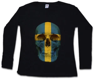 CLASSIC SWEDEN SKULL FLAG DAMEN LANGARM T-SHIRT Fahne Schweden - Picture 1 of 1