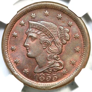 1855 N-4 R-1 NGC MS 66 RB Braided Hair Large Cent Coin 1c - Picture 1 of 3