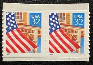 1996 Scott #3133, 32¢, FLAG OVER PORCH - Coil Pair Blue "1996" 9.9 - Mint NH - Picture 1 of 1