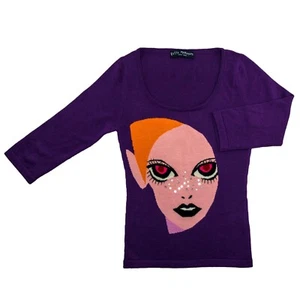 1960’s Style Twiggy Face Purple 100% Wool Sweater Japan Designer Keita Murayama - Picture 1 of 5