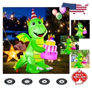 Colorful 6FT Dinosaur Cake Inflatable with LED for Outdoor Birthday Celebrations - Picture 1 of 8