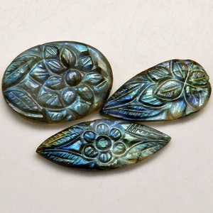 3Pcs 73Cts Natural Labradorite Carving Loose Gemstone Lot 49x12 30x20mm #R-13668 - Bild 1 von 5