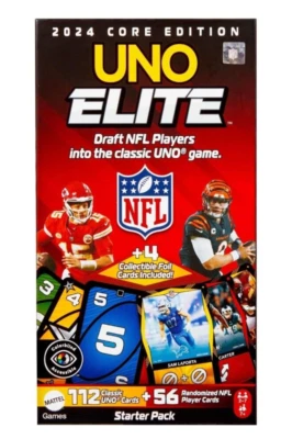 UNO ELITE 2024 Core Starter, 112 Classic Uno Cards + 56 Random NFL Player Cards - Image 1 of 3