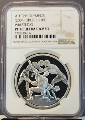 2004 GREECE SILVER 10 EURO ATHENS WRESTLING NGC PF 70 ULTRA CAMEO PERFECT POP 1 - Image 1 of 3