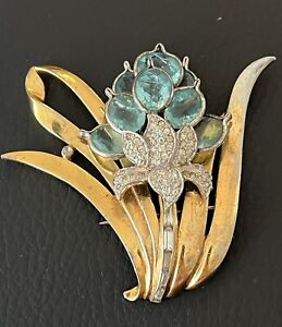 Vintage Large Pennino Aqua Glass Rhinestones Pin Brooch Raised Flower Branch