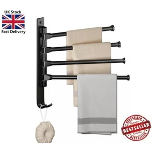 4 Arms Swivel Towel Bar Rail Rack with Wall Mounted 180° Rotation Towel Hanger - Picture 1 of 16