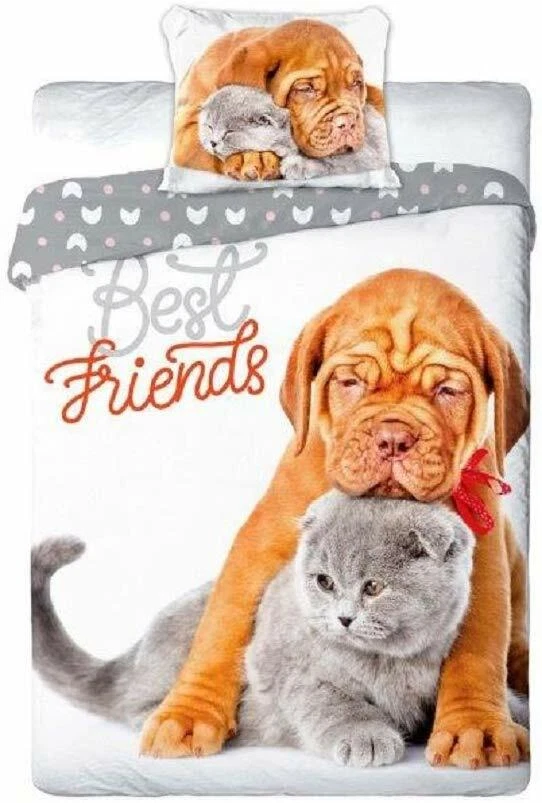Cane Bulldog Gatto Set 2pezzi Letto Singolo Lenzuola Copripiumino,Federa Cotone - Immagine 1 di 1