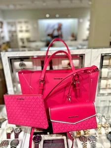 Michael Kors Charlotte Large Pink Leather Crossbody Bag Handbag Tote Shoulder MK - Picture 1 of 24