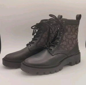 Coach Citysole Boots - Mens Size 7 - Black Signature Logo Leather Lace Up Combat - Picture 1 of 11