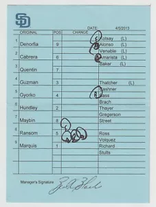4-5-13 San Diego Padres - Game Used Umpire Lineup Card - Jedd Gyorko - Picture 1 of 1