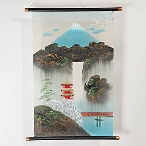 Templo de pergamino de pantalla de seda pintado a mano japonés vintage Mt. Paisaje Fuji firmado - Imagen 1 de 9