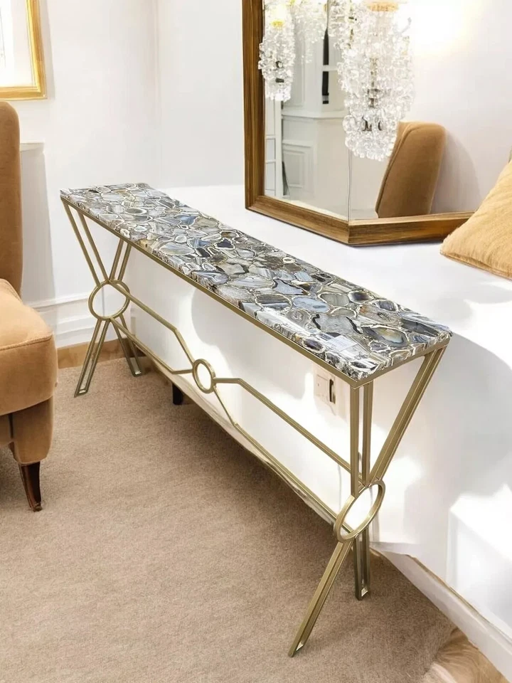 24"x15" Grey Agate Stone Console Table Top | Luxury Living Area & House Decor - Image 1 of 4