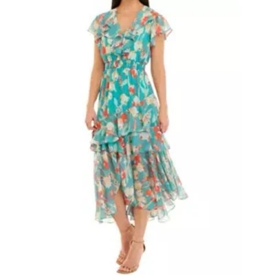Fairy Whimsical Dress Taylor 8 Short Sleeve V-Neck Ruffle Floral Chiffon Tiered  - image 1 of 4