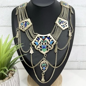 VTG Tribal Silver Tone Multicolor Enamel Festoon Chandahar Statement Necklace - Picture 1 of 14