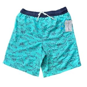Tommy Bahama Boys XL Size 14 Swim Trunks Teal Blue Shark Print Shorts Lined - Picture 1 of 6