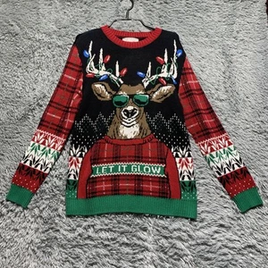 Mens Ugly Holiday Sweater Let It Glow Deer With Lights SZ XL Black Red - Picture 1 of 4