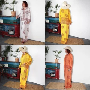 Kaftan Tunika Kurta Kleid Knöpfe Sommer Strand - Picture 1 of 16