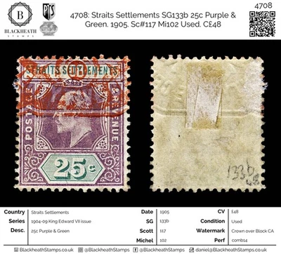 4708 Straits Settlements SG133b 25c púrpura y verde. 1905. Sc#117 Mi102 Usado. C£4 Foto 1 de 4