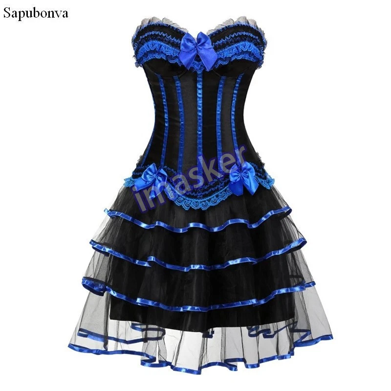 Corset Dress And Skirt Set Vintage Striped Floral Lace Dress Corset Bustier Top - Image 1 of 4