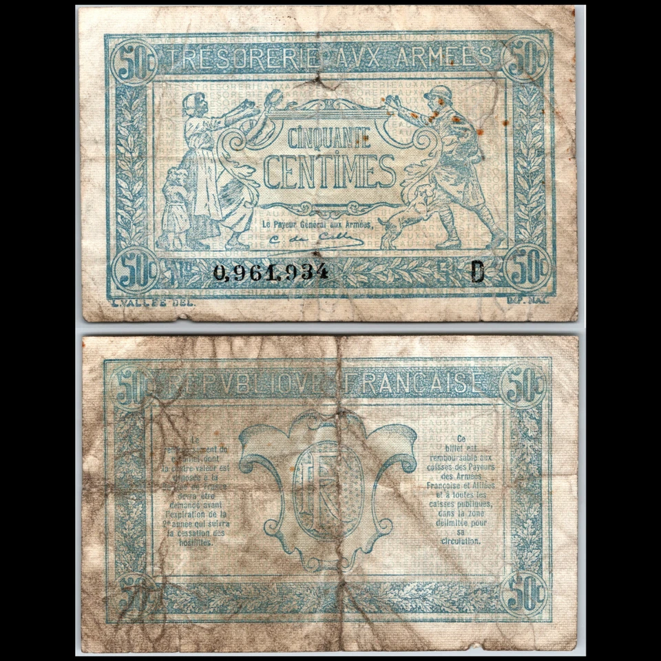 1917 France 50 Centimes Trésorerie aux Armées World War 1 WWI Issue VG - image 1 of 1