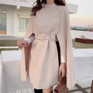 Ladies Loose Batwing Sleeves Poncho Outwear Belt Slim Cloak Cape Coat Wool Blend - Picture 1 of 11