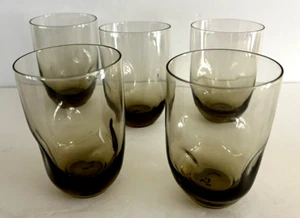 MCM Pinched Smoke Brown Rocks old Fashion Glasses Set of 5 Tumblers - Picture 1 of 5