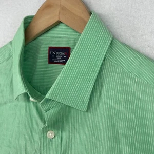 UNTUCKIT Shirt Men M Linen Blend Slim Fit Pinstripe Button Up Woven Green - Picture 1 of 13