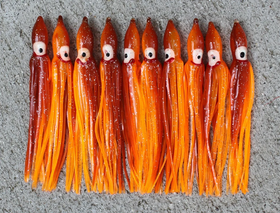 CUSTOM OFFSHORE TACKLE Lot Of 10 Hoochie Squid Skirts Un Rigged Fishing Lures 4 3/4" - Brown/Orange