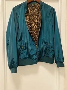 Iman Women’s Bomber Jacket Satin Sz. Large Gold Zipper Green Leopard Print - Picture 1 of 3