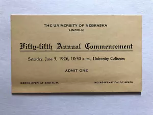 University of Nebraska Annual Commencement June 5, 1926 Admission Ticket Card - Picture 1 of 3