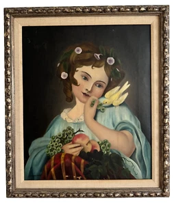 'Young Girl Feeding a Bird' 1900s - Oil On Canvas Original Vintage Painting - Picture 1 of 5